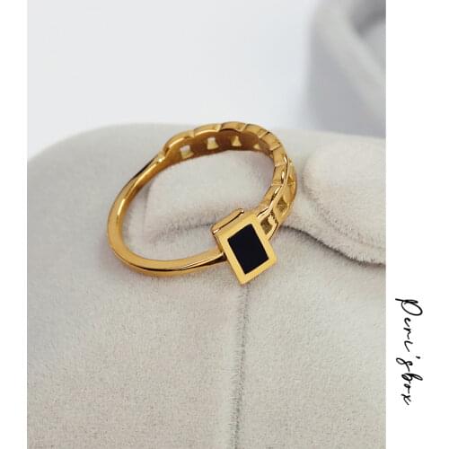 PerisBox Rectangle Flat Black Enamel Chain Rings For Women Trendy Cute Small Asymmetric Huggie Rings Gifts For The New Year