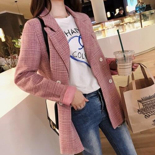 Autumn 2021 Womens Korean Pink Plaid Spring Autumn Long Sleeve Top Coat New Double Breasted Jacket Coat Long Outwear