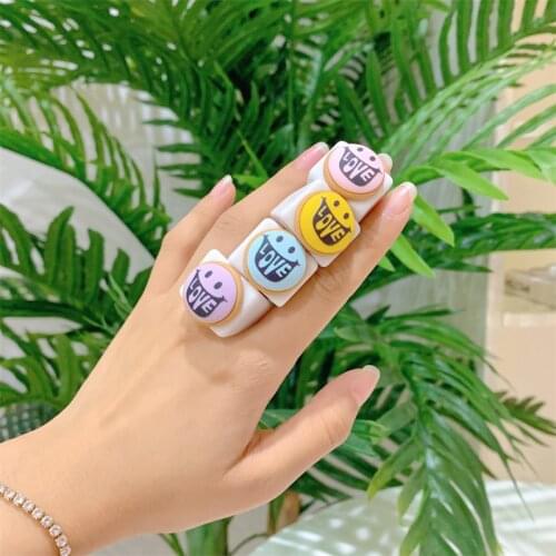 Aesthetic Vintage Y2K Rings for Women Love Letter Smile Rings Acrylic DIY Korea Creative Fashion Jewelry 90s Friends Gifts New