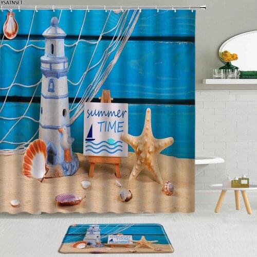 2Pcs Beach Shell Shower Curtain Lighthouse Blue Wooden Board Ocean Landscape Bathroom Curtains Non-Slip Bath Mat Set Decoration