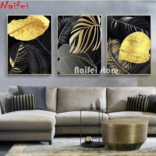 5D Diy Diamond Painting Golden Leaves Full Square Round Drill 5D Diamond Embroidery Mosaic Needlework Triptych Home Decor