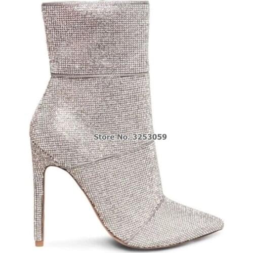 ALMUDENA Top Quality Silver Crystal Ankle Boots Thin High Heel Bling Bling Rhinestone Short Boots Zipper Sparkling Wedding Shoes