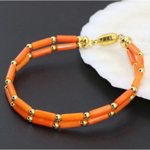 Natural 3*7mm Orange Coral Beads 2 Rows Women Exquisite Chain Gift Multilayer Bracelets High Grade Magnetic Clasp Jewelry B2794