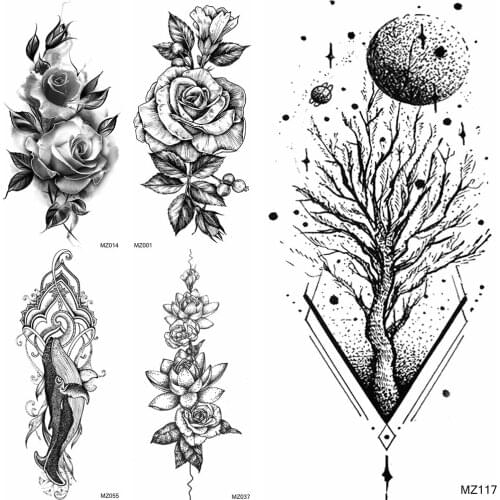 Black Tree Planets Temporary Tatoo Fake Rose Whale Lotus Tatoo For Women Men Body Art Tattoo Fake Fashion Decoration Tatoo Decal