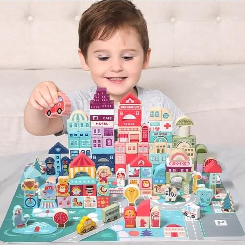 100 Pcs Colour Wooden Toys City Traffic Scenes Geometric Shape Assembled Building Blocks Early Educational Toys For Kids