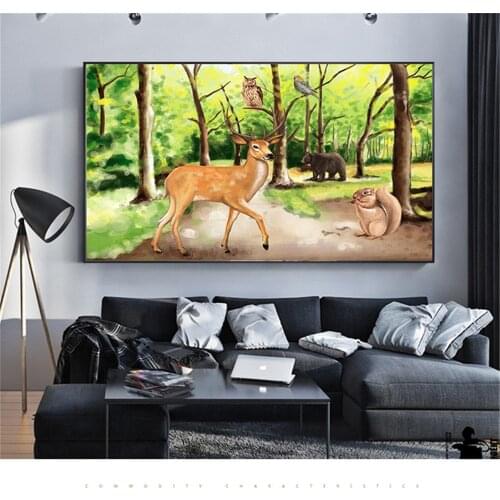 Forest Streamlet Sika Deer Landscape Home Decor Wall Art Picture Abstract Painting Oil Canvas Posters Cuadros Decoration