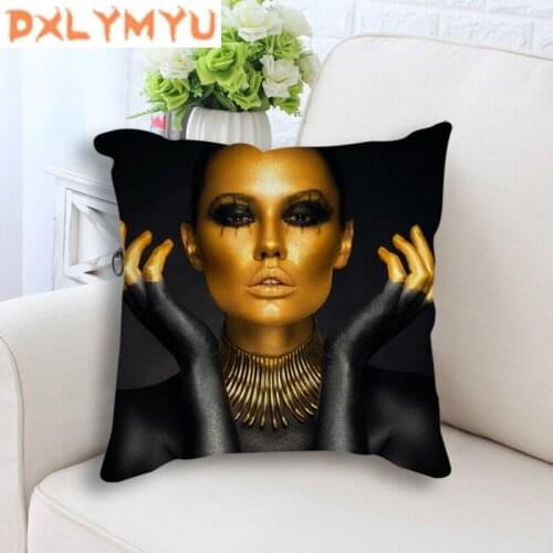 Linen Cotton Seat Cushion for Sofa Africa Black Girl Golden Makeup Posters Print Pillowcase Decorative Cushion Throw Pillow