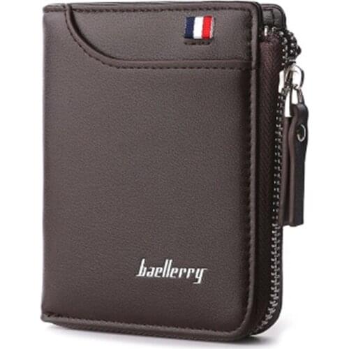 Baellery Mens Fashion Leisure Business Wallet Vertical PU Leather Short Multi-Function Zipper Coin Bag