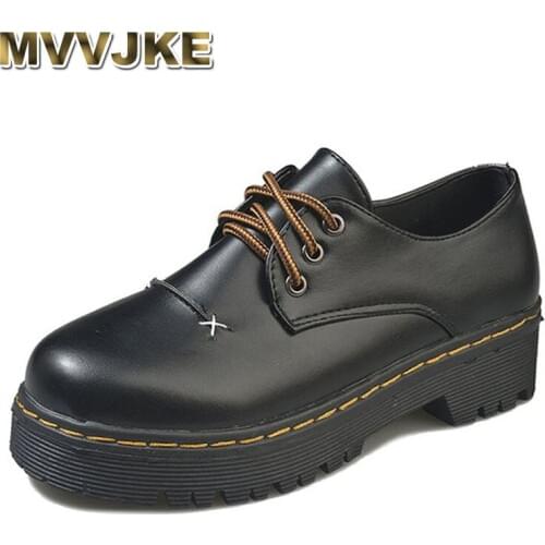MVVJKE autumn shoes women low heel PU pumps platform round toe plus velvet warm lace ladies sewing fashion female footwearE068