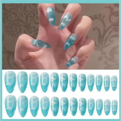 24Pcs/Set Blue Sky White Cloud Pattern False Nails French Stiletto Full Cover Fake Nails Glue Heart DIY Manicure Nail Art Tools