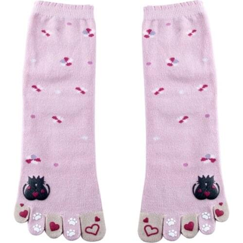 3 Pairs Japanese Style Five Finger Socks Womens Cute Cotton 5 Toe Separate Print Cat Cartoon 5 Toe Crew Tube Socks Love Cat