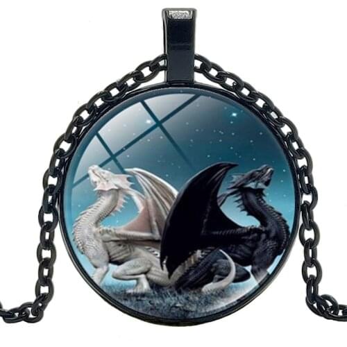 New Jewelry Statement Necklace Black Dragon White Dragon Creative Time Glass Convex Round Pendant Necklace Childrens Gift