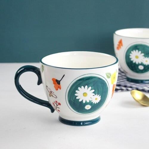 AQJ 2021 Chinese Style Original Daisy Pattern Breakfast Cup of Fresh Milk Ceramic Material Oats Cup Mug Luxury