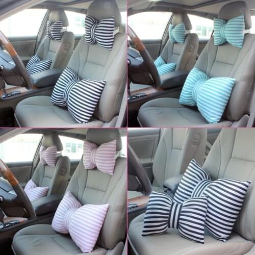 Cute Stripe Bowknot Car Neck Headrest Pillow Creative Auto Safety Seat Head Supports Cushion Waist Lumbar Support For Girls
