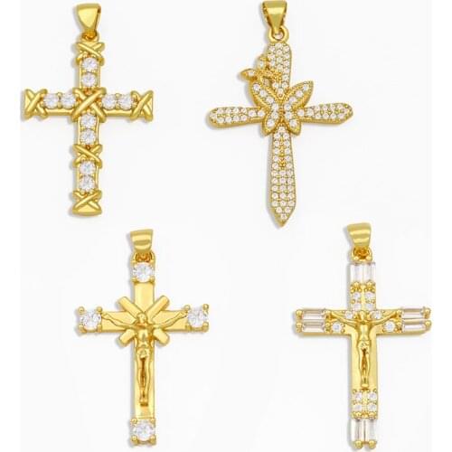 OCESRIO Big Cross Pendant with CZ White Stones Gold Jesus Necklace Charms for Jewelry Making Supplies Spiritual jewelry pdta187