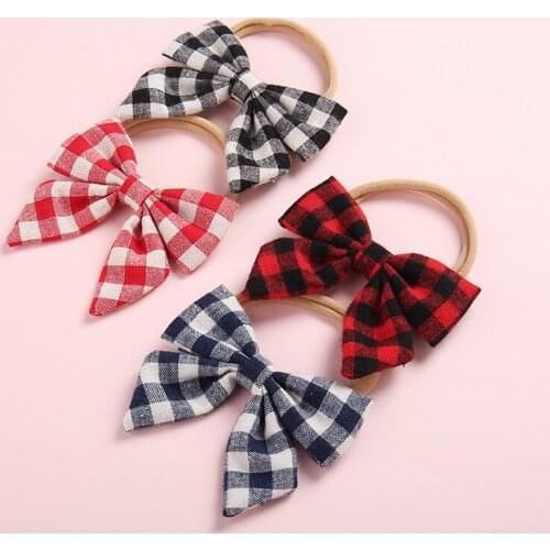 Girls Handtied Fabric Bow Headbands,Plaid Pinwheel Hair Bow with Nylon Headband,Kids Hair Accessories 20pc/lot