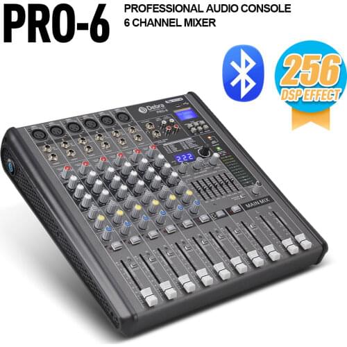 Professional 6 Channel DJ console Audio mixer with 256DSP bluetooth USB 48V for Stage computer recording webcast music studio