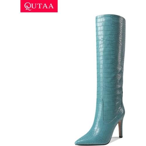 QUTAA 2021 Autumn Winter Women Shoes Pointed Toe Knee High Boots Thin High Heel Slip on Stretch Long Boots Size 34-43