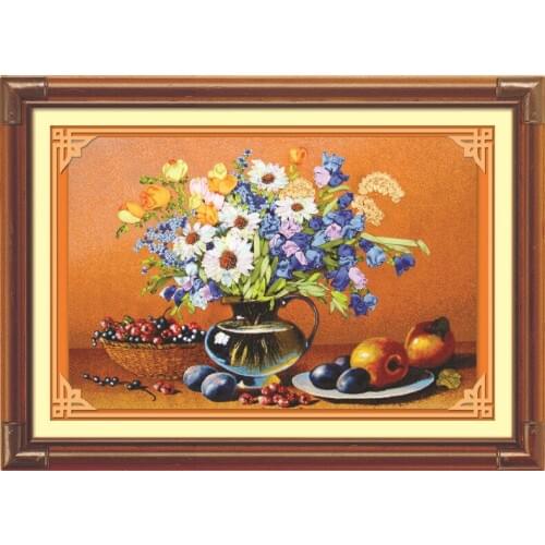 Needlework,DIY Ribbon Cross stitch Sets for Embroidery kit,Table fruit flower vase ribbon Cross-Stitch handwork wedding kit