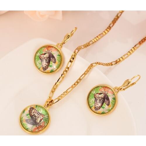 Handmade crystal butterfly Necklaces Earrings Gold Color PNG Jewellery Set Papua New Guinea Wedding party women girls gifts
