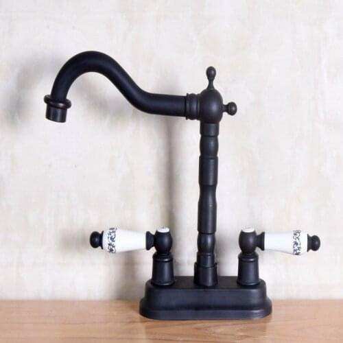 Black Oil Rubbed Bronze 4" Centerset Bathroom Two Holes Basin Faucet Sink Mixer Tap Swivel Spout Double Ceramic Levers mnf152