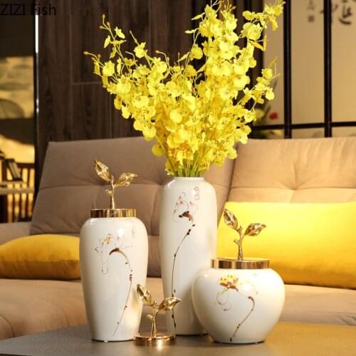 Modern European Ceramic Vase Decoration Living Room Table Luxury Flower Arrangement Crafts Metal Lid Flower Vase Home Decoration