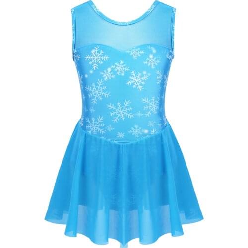 Kids Sleeveless Mesh Splice Snowflake Pattern Gymnastics Leotard for Girls Ballet Figure Skating Dress Performance Dance Costume