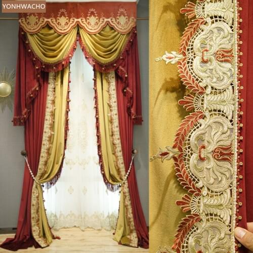 Custom curtains European luxury retro palace high-class velvet wine red thick cloth blackout curtain valance tulle panel C116