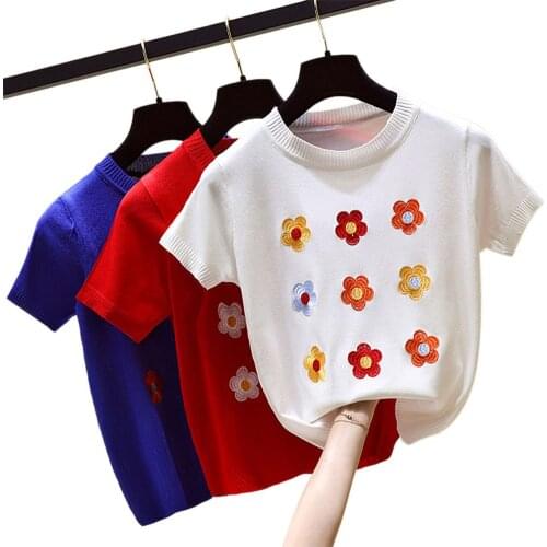 2020 New Women Short Sleeve Flower Print Knitted Shirt Fashion Pullover Tops for Work School Casual Wear