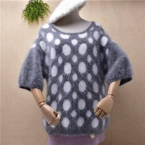 Ladies women autumn winter thick hairy angora rabbit fur knitted cute dot half puff sleeves loose pullover mink velet sweater