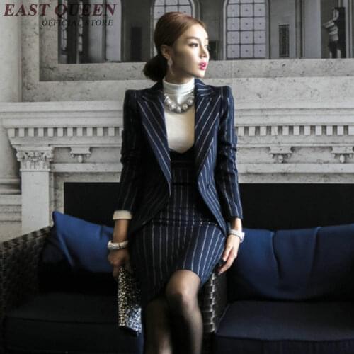 New Autumn fashion blazer with skirt set blue striped womens business suits women elegant skirt suits XL AA2926 YQ