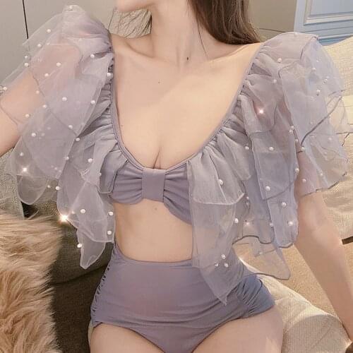 Korean Princess Style Women Swimsuit Push Up Bikini One Piece Female Short Sleeved Sexy Girl Swimwear Spring Swim Wear Bath Suit