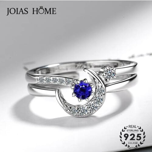 JoiasHome Fashion 925 Silver Ring With Star Moon Shape Sapphire Zircon Gemstones Open Ring For Women Wedding Gifts 2PCS/LOT