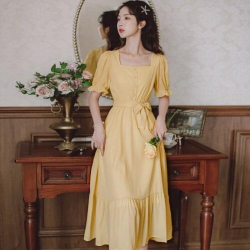 Dress Square Neck Elegant Retro Dresses Women 2021 Summer Fashion Temperament Trumpet Sleeve High Waist Bow Gentle Vestido
