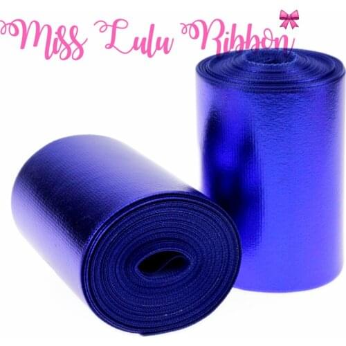 3"75mm Blue Solid Color Mirror Hologram Printed Grosgrain Ribbon Hair Band Making DIY Gift Pack Decor Webbings 5yards/roll