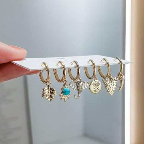 6 pieces/set 925 Sterling Silver Elephant Leopard Owl Leaves Hoop Earrings Set for Women Creative Mashup Style Jewelry