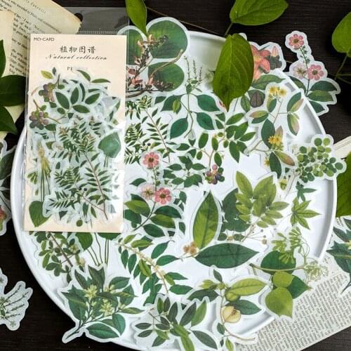 60Pcs Vintage Stickers Retro Plants Green Leaf Diary Planner Decorative Scrapbooking Stickers Craft Stickers Stationery Supplies