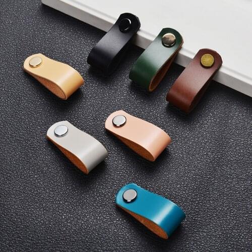 7-colors Drawer knobs Cowhide Small Wardrobe Door Pull Genuine Leather Handle Furniture handles Kitchen Cabinet Handles