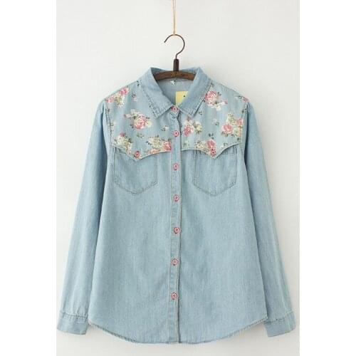 Autumn Denim Blouse Plus Size 4XL Women Loose Tops Flower Print Patchwork Jeans Blouses Long Sleeve Vintage Shirts Blusas AB327