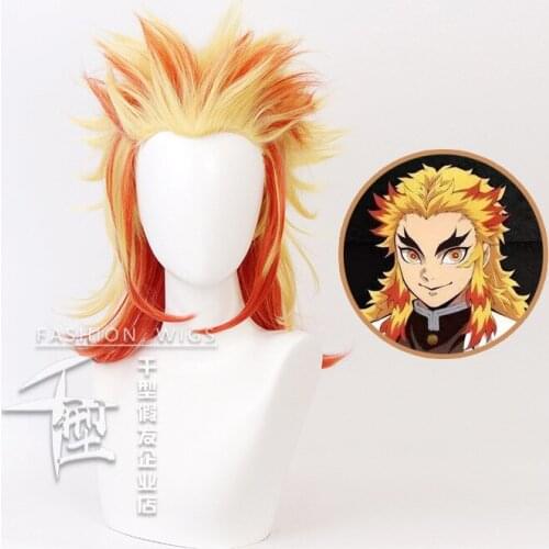 Demon Slayer: Kimetsu No Yaiba Rengoku Kyoujurou Cosplay Wigs Hair Wig + Free Wig Cap