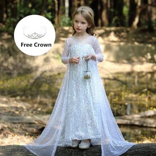 Girls Dress up Fantasy Long Sleeve Sequin Snowflake Print Princess Costume Cosplay Halloween Kids Dress for Girl