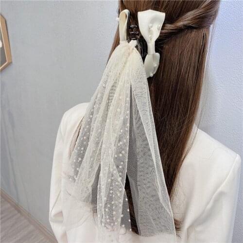Korean Hair Claw Clip Clamp Headdress Mesh Yarn Ribbon Grab Clips Hair Accessories Hairpins Simple Bow Pearl Jewelry Wholesale