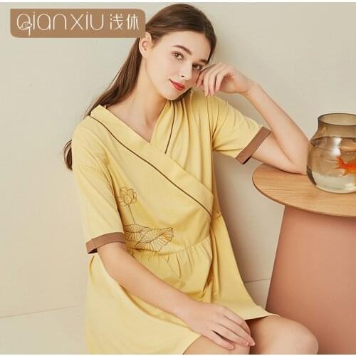 Summer Ladies Nightgowns Bamboo Fiber Chinese Style Simple Nightdress Short Sleeve Cotton Sexy Nightwear Home Sleepwear Women