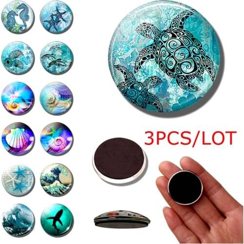 Sea Turtle Fridge Magnet Glass Cabochon Refrigerator Magnets Starfish Seahorse Conch Wave Fridge Sticker Animal Home Decoration
