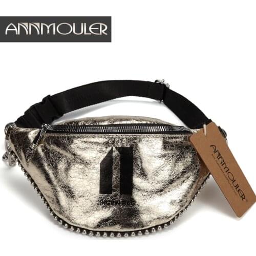 Annmouler Fashion Women Chest Bag Large Pu Leather Waist Belt Bag Chain Fanny Pack 3 Colors Waist Phone Pack with Beads