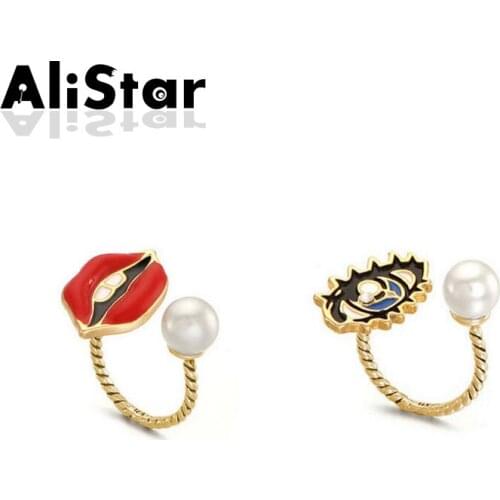 Fashion cute free size rings for women month eye design Korean style screw finger rings with pearl Gold-Color jewelry #RI089