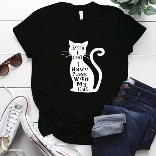 Mujer Camisetas Sorry I Can't I Have Plans with My Cat Letter Print Cat Shirts for Women Plus Size Loose Neck Woman Tshirts Tops