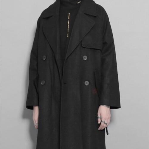 Winter fashion mens wool coat with lapels solid color waist strap double breasted medium length young mens woolen coat