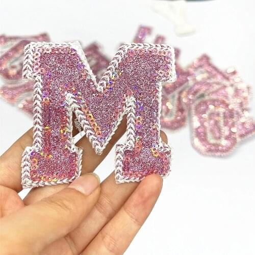 New Pink Sequins Letter Alphabet Patch For Clothes Iron On Garment Accessories Embroidered Applique Decoration Repair Patches
