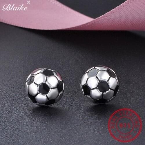 Blaike Real 925 Sterling Silver Football Stud Earrings For Women Men Unique Round Wedding Earrings Female Male Fine Jewelry Gift